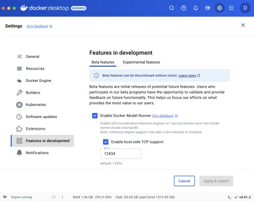 This image shows what the Docker Desktop configuration looks like after enabling Docker Model Runner and the Host-Side TCP Support option.